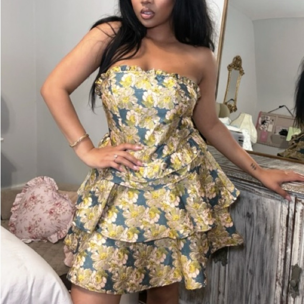 Sugarlips Strapless Blue and Yellow Floral Dress
